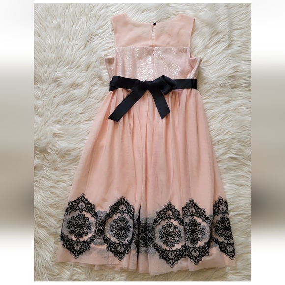 Bonnie Jean Dress Sz 16 Black Pink Overlay Sequin Tulle Holiday Sheer Sleeveless - Picture 2 of 9